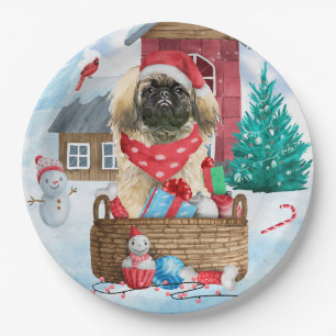 Assiettes En Carton Chien Pekingese dans la neige Maison de Chien de N