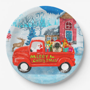 Assiettes En Carton Chien Pekingese Livraison de Noël Camion Neige