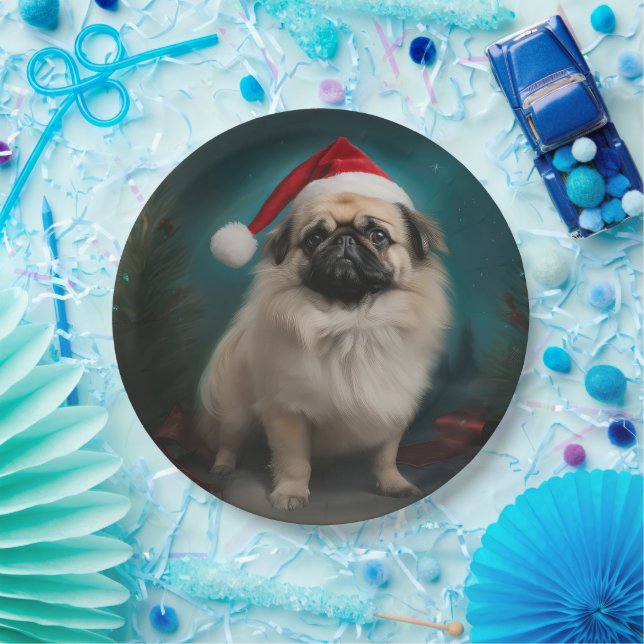 Assiettes En Carton Chien pekingese pendant Noël de neige (Fête)