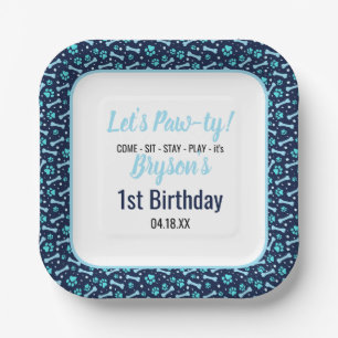 Assiettes En Carton Chien Personnalisé Anniversaire Bleu Empreinte de 