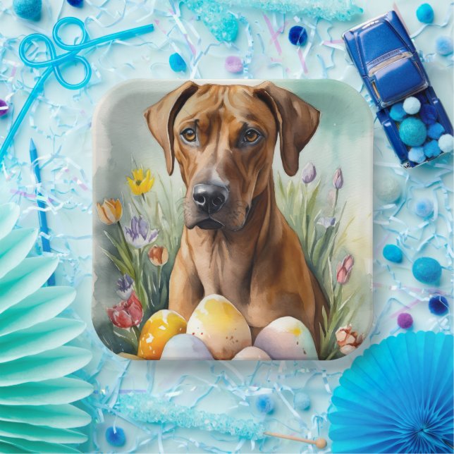 Assiettes En Carton Chien Rhodesian Ridgeback avec oeufs de Pâques vac (Fête)