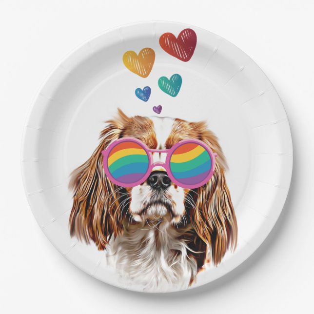 Assiettes En Carton Chien roi Cavalier avec coeur Saint Valentin (Devant)