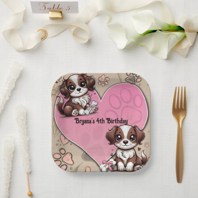 Assiettes En Carton Chien rose rose Brown et coeur fête d'anniversaire (Mariage)