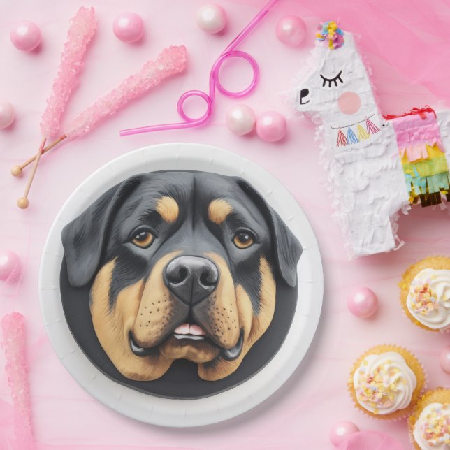 Assiettes En Carton Chien Rottweiler 3D inspiré (Fête)
