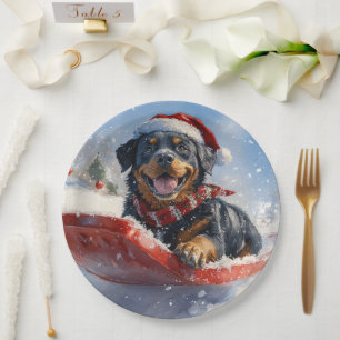 Assiettes En Carton Chien Rottweiler en Traîneau Qu'il neige Noël