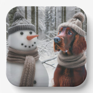 Assiettes En Carton Chien Setter Irlandais Avec un Bonhomme de Neige