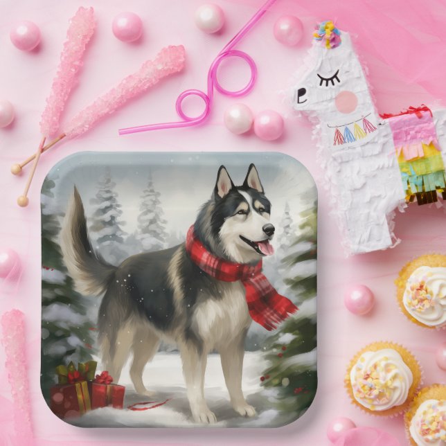 Assiettes En Carton Chien sibérien Husky à Noël de neige (Fête)