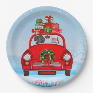 Assiettes En Carton Chien teckel dans une voiture avec le Père Noël 