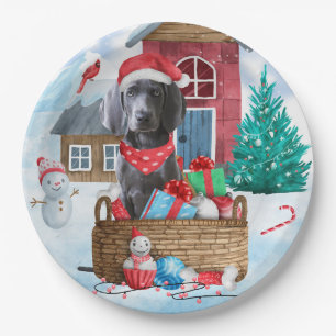 Assiettes En Carton Chien Weimaraner dans la maison de Noël enneigée