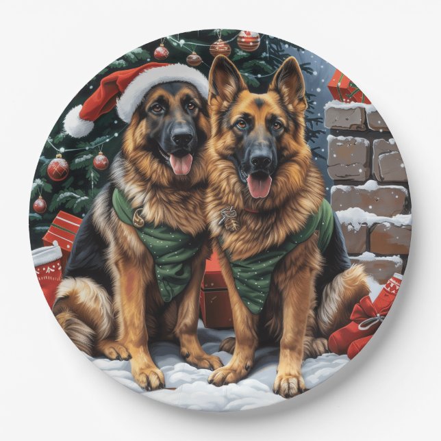 Assiettes En Carton Chiens bergers allemands de Noël (Devant)