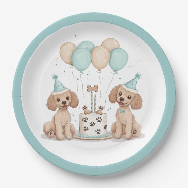 Assiettes En Carton Chiens de caniche normaux d'anniversaire (Devant)