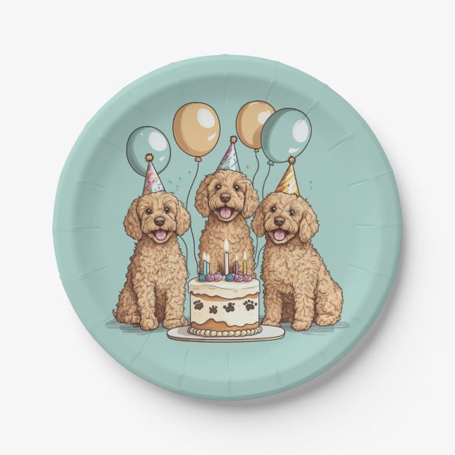 Assiettes En Carton Chiens de Goldendoodle d'anniversaire (Devant)