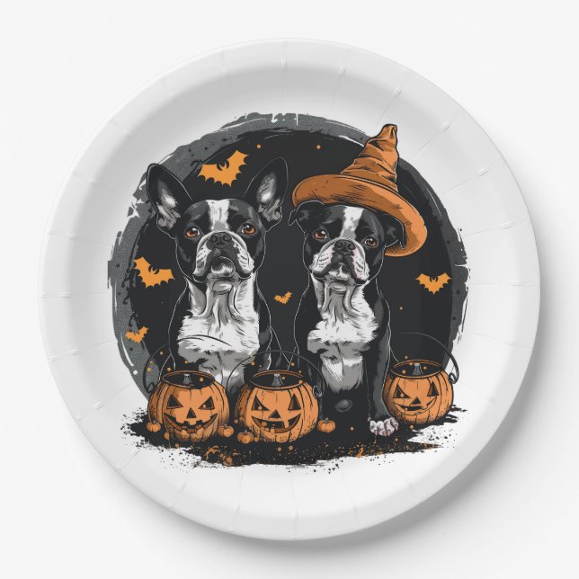 Assiettes En Carton Chiens de Halloween Boston Terrier (Devant)