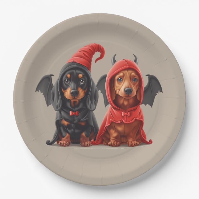 Assiettes En Carton Chiens de Halloween Dachshund Devil Bat (Devant)