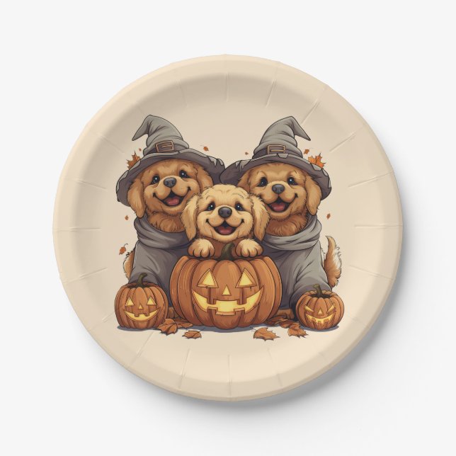 Assiettes En Carton Chiens de l'Halloween Golden Retriever Jack-o'-lan (Devant)