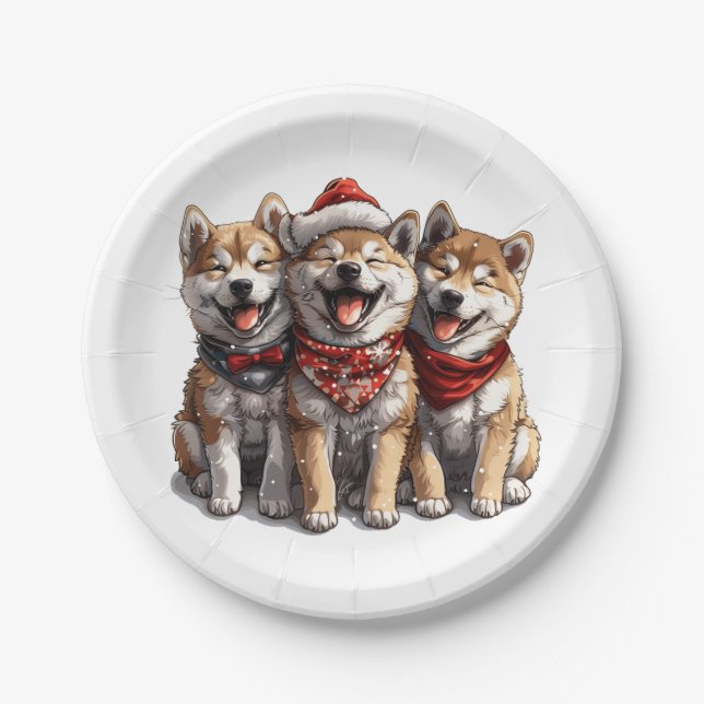 Assiettes En Carton Chiens de Noël Shiba Inu Père Noël (Devant)