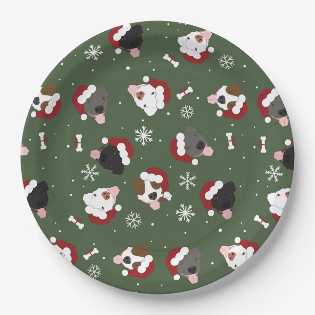 Assiettes En Carton Chiens de Noël sur Vert (Devant)