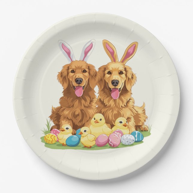 Assiettes En Carton Chiens de Pâques Golden Retriever Chiens Bunny Ore (Devant)