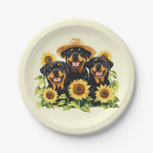 Assiettes En Carton Chiens Rottweiler Entourés De Tournesols