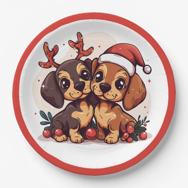 Assiettes En Carton Chiens teckel de Noël (Devant)