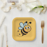 Assiettes En Carton Child-Friendly Bee Mascot with Dotted Trail<br><div class="desc">Bring a buzz of happiness to your next celebration with this adorable cartoon bumblebee illustration. Featuring a friendly,  smiling bee with rosy cheeks and a playful dotted flight path,  this design is perfect for creating a cohesive look for "Bee-day" parties,  baby showers,  or nursery decor.</div>