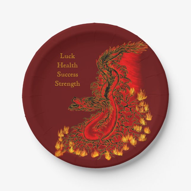 Assiettes En Carton Chine Dragon rouge et or design (Devant)