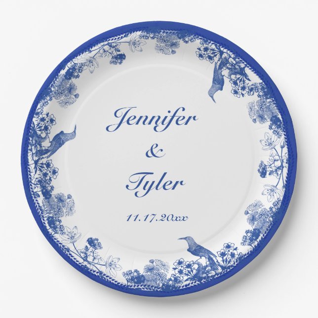 Assiettes En Carton Chine florale bleue et blanche Motif avec oiseaux (Devant)
