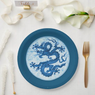 Assiettes En Carton Chinois Dragon, Indigo Bleu et Plaque de papier bl