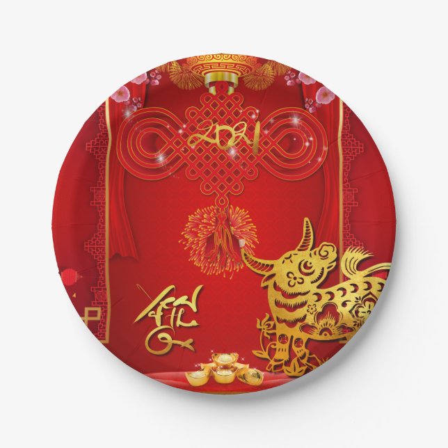 Assiettes En Carton Chinois Red Knot Ox Année 2021 PP (Devant)