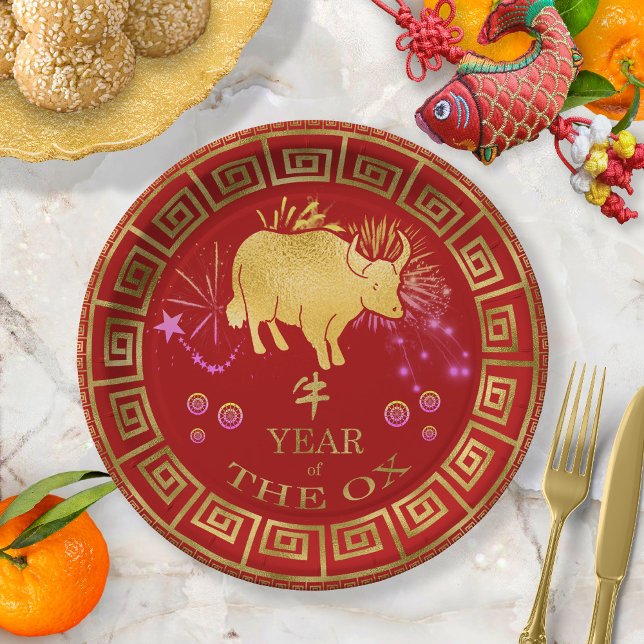Assiettes En Carton Chinois Zodiac Ox Rouge/Or ID542 (Créateur téléchargé)