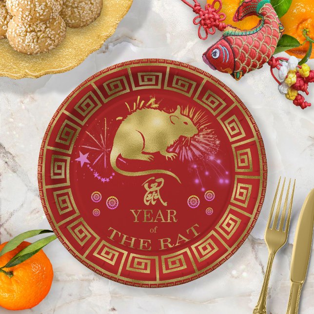 Assiettes En Carton Chinois Zodiac Rat Rouge/Or ID542 (Créateur téléchargé)