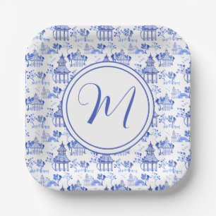 Assiettes En Carton Chinoiserie Aquarelle Pagode Motif