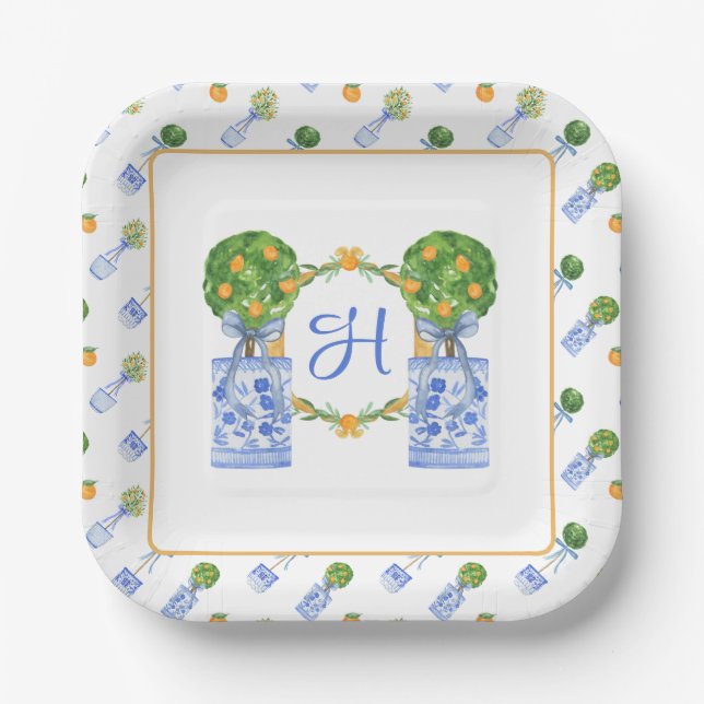 Assiettes En Carton Chinoiserie Aquarelle Topiaire Monogramme Citron (Recto)