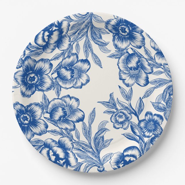 Assiettes En Carton Chinoiserie bleu floral C'est l'amour Mariage  (Devant)