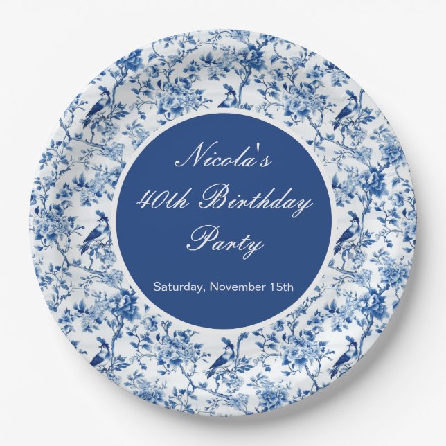 Assiettes En Carton Chinoiserie Blue Birds and Flowers Birthday (Devant)
