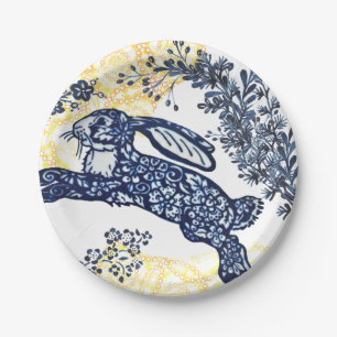 Assiettes En Carton Chinoiserie de lapin jaune bleu oriental