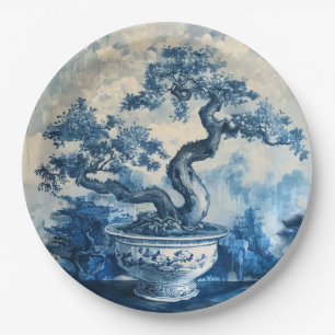 Assiettes En Carton Chinoiserie Design en porcelaine bleue et blanche