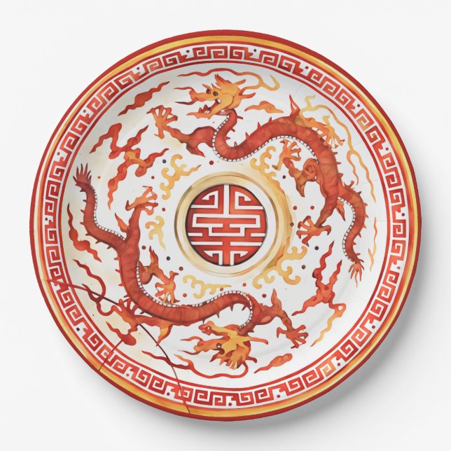 Assiettes En Carton Chinoiserie Dragon Impérial Rouge Or Fausse Chine (Devant)