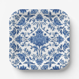 Assiettes En Carton Chinoiserie Florale Bleue Aquarelle Blanche