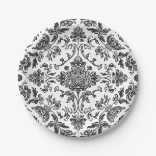 Assiettes En Carton Chinoiserie florale noir et blanc aquarelle