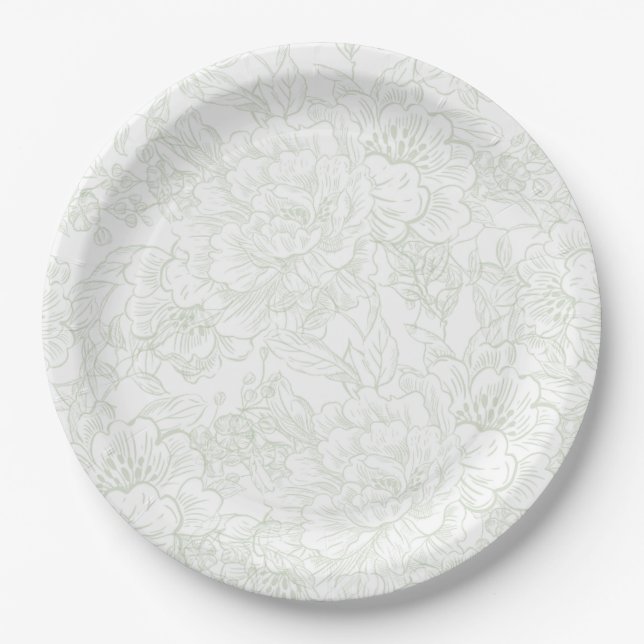 Assiettes En Carton Chinoiserie Green Sage Peony Mariage (Devant)