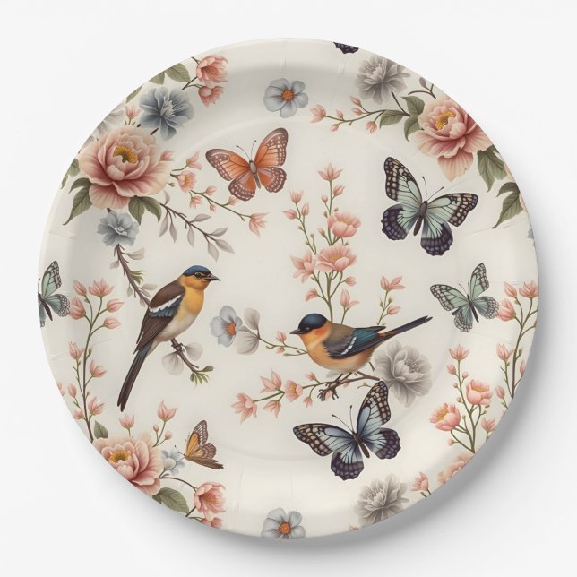 Assiettes En Carton Chinoiserie Harmonie des oiseaux et des papillons (Devant)