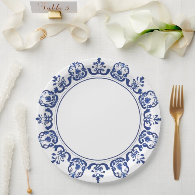 Assiettes En Carton Chinoiserie moderne tendance en porcelaine bleue e (Mariage)