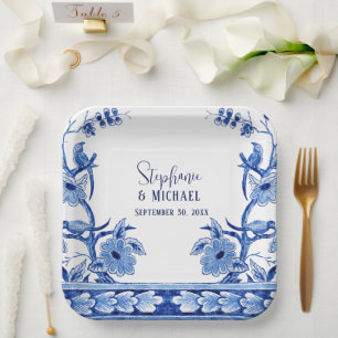 Assiettes En Carton Chinoiserie Navy Blu Floral Bird Art Fête des mari