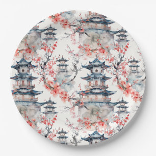 Assiettes En Carton Chinoiserie Pagode Bleue Fleur Rose Florale