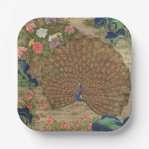 Assiettes En Carton Chinoiserie Paon Bleu avec Jardin de Fleurs Exotiq
