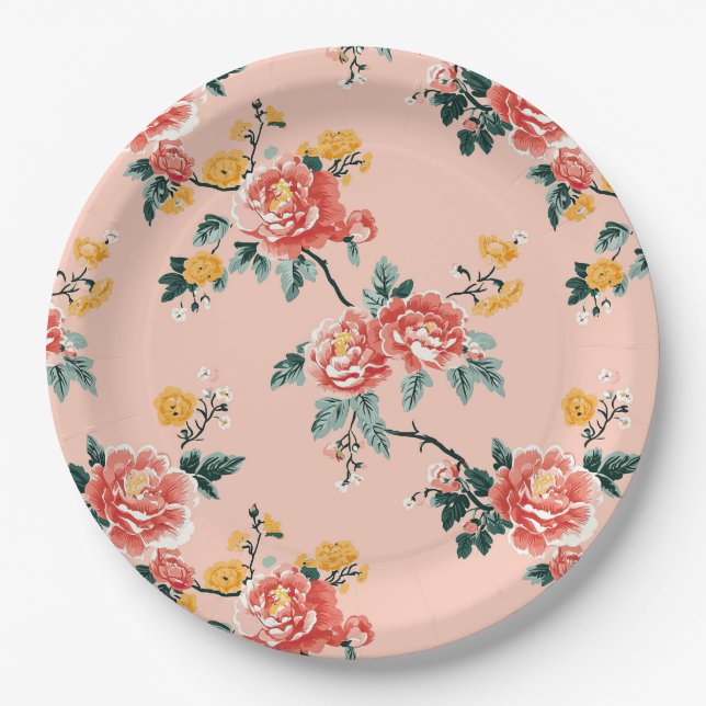 Assiettes En Carton Chinoiserie rose pâle Floral (Devant)