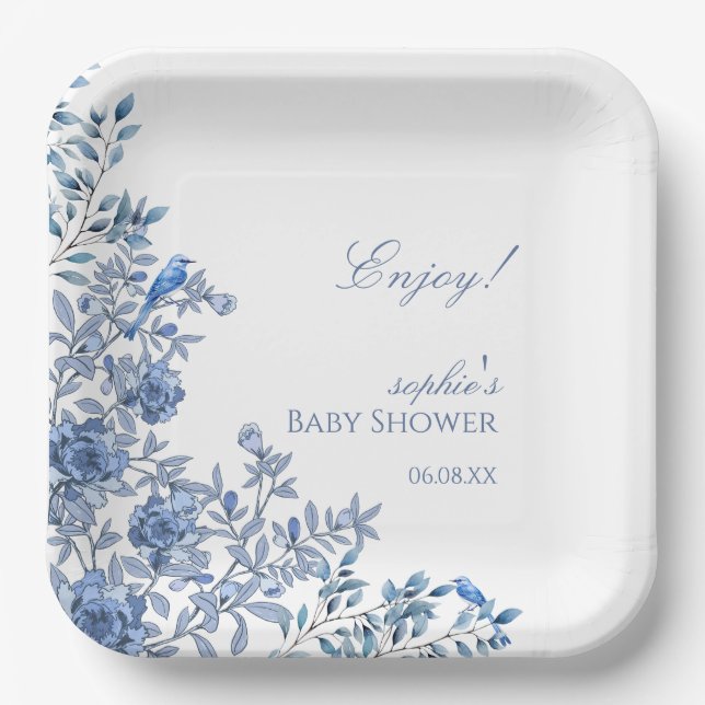 Assiettes En Carton Chinoiserie Toile Blue Floral Baby Shower (Recto)