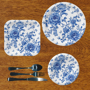 Assiettes En Carton Chinoiserie Vintage Fleurs Roses Papillons Bleu Bl