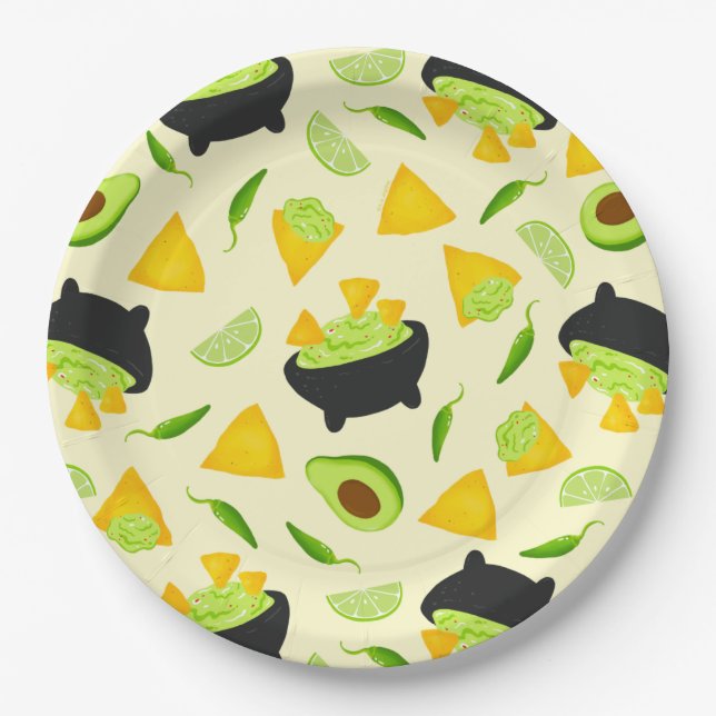 Assiettes En Carton Chips Tortilla et Motif Guacamole (Devant)